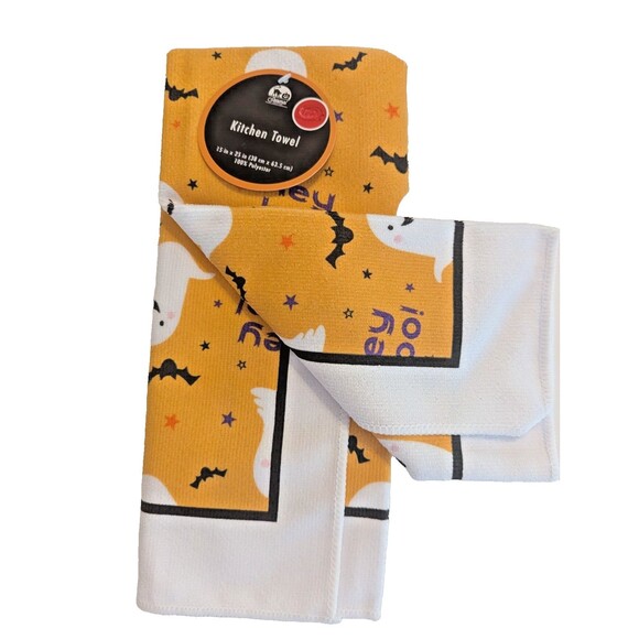 Hey Boo Ghosts Bats Kitchen Towels Oven Mitt Orange Reverse Black 3pc Gift NEW - Picture 4 of 4
